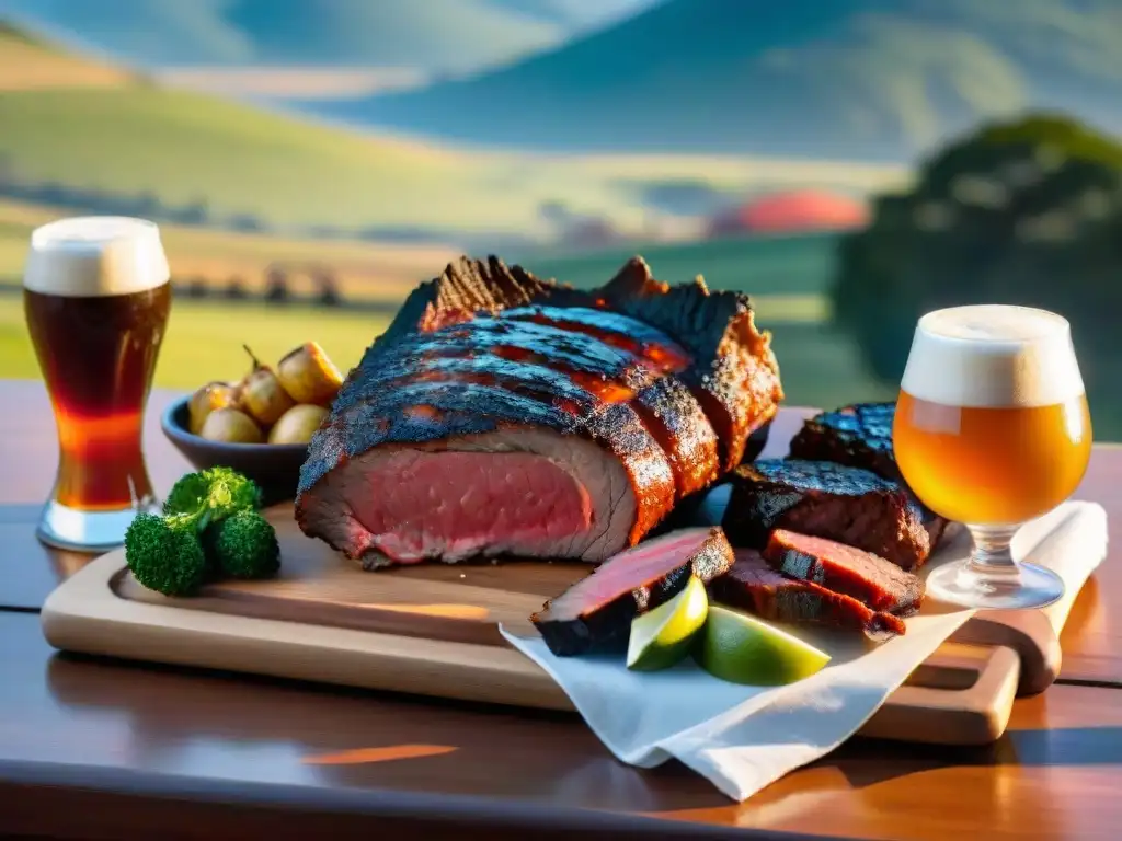 Una mesa rústica con un asado uruguayo tradicional y maridaje de cervezas artesanales, en un atardecer acogedor