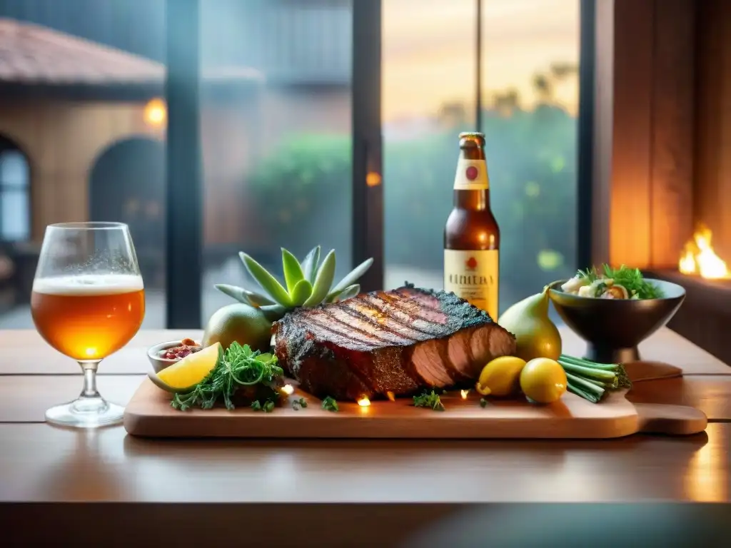 Una mesa rústica con asado uruguayo y cervezas artesanales, maridaje perfecto