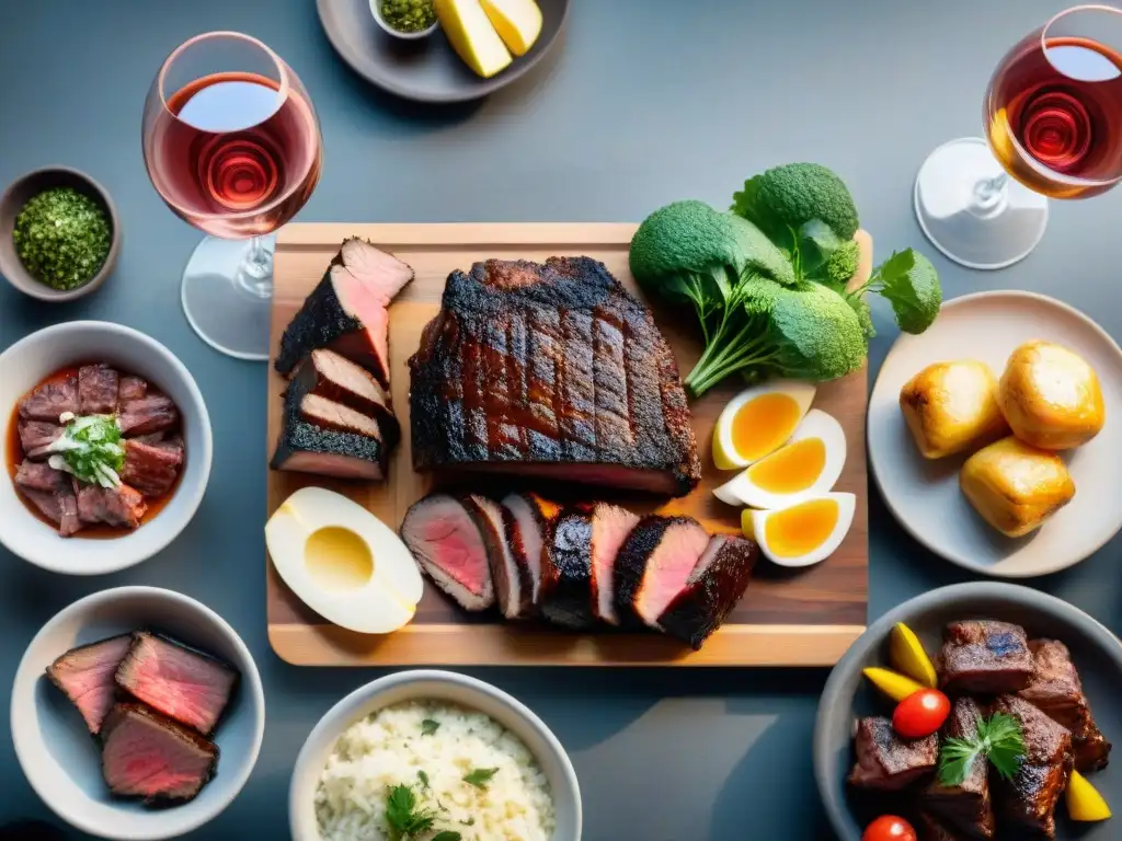 Mesa rústica con asado uruguayo y maridaje de vinos al atardecer