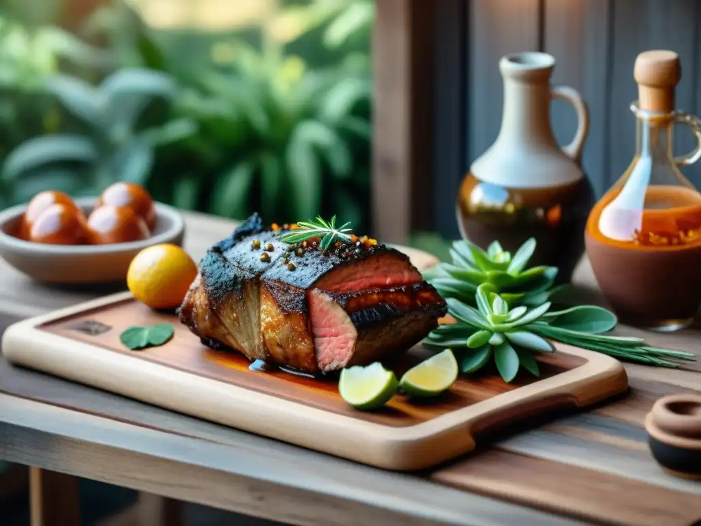 Una mesa rústica para un asado uruguayo con bebidas fermentadas caseras y elementos tradicionales