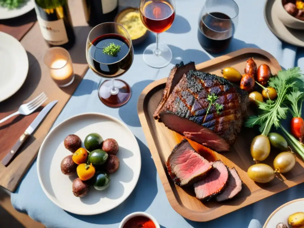 Una mesa rústica con un asado uruguayo tradicional y vinos naturales, creando un maridaje perfecto