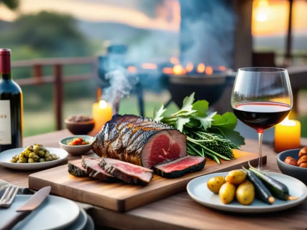 Una mesa rústica con asado uruguayo, vino y buen maridaje