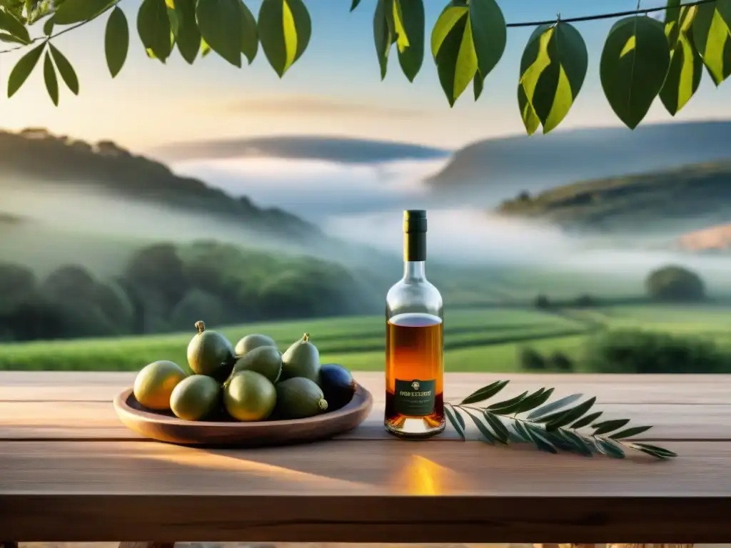 Una mesa rústica de asado uruguayo al aire libre, con grappa uruguaya y un entorno natural exquisito