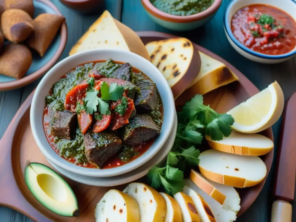 Una mesa rústica con asado uruguayo y salsas tradicionales en potes de cerámica, acompañado de vino Tannat