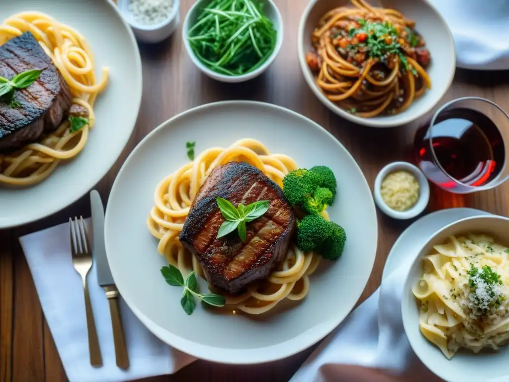 Una mesa rústica con asado uruguayo e italiano: churrasco, morcilla, carbonara y risotto, fusiones culinarias