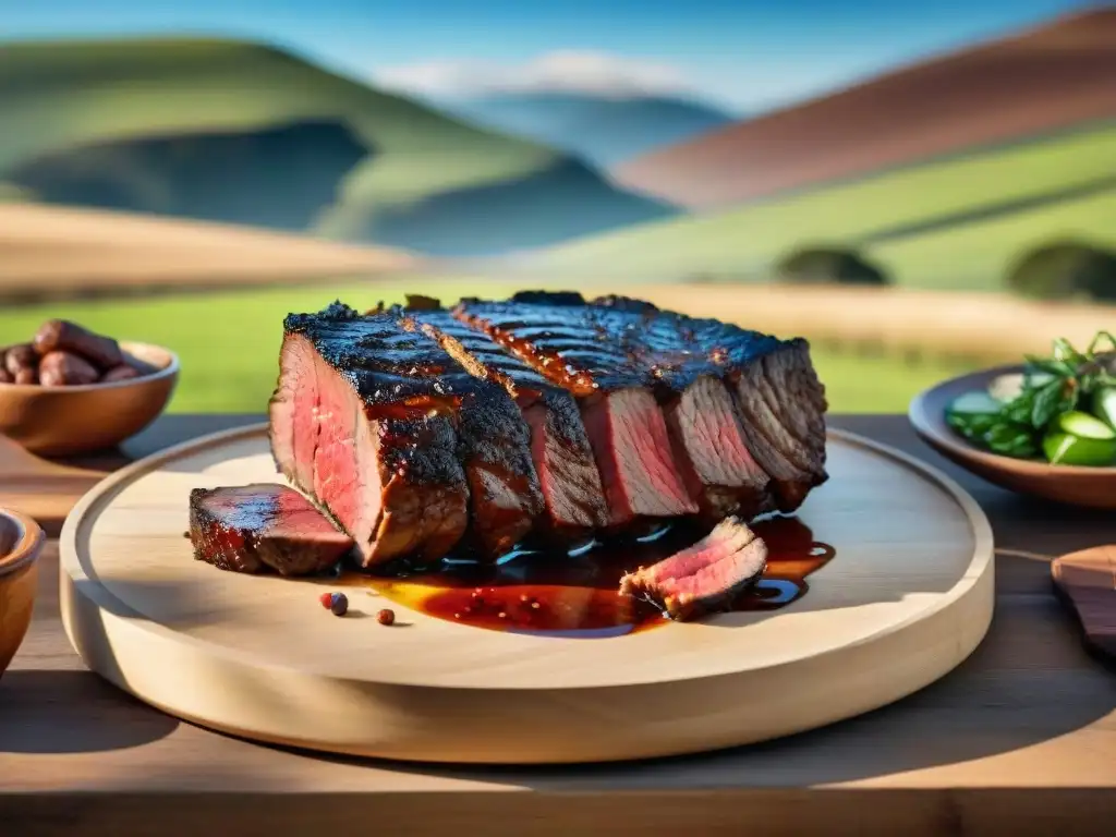 Una mesa rústica con asado uruguayo: ribeye jugoso, chorizos, morcilla y mollejas