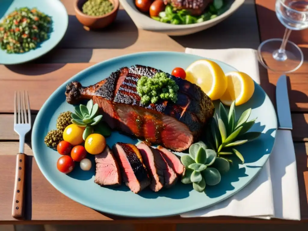 Una mesa rústica con un asado uruguayo: chorizo, morcilla, jugosos cortes, chimichurri, ensaladas y Malbec al atardecer