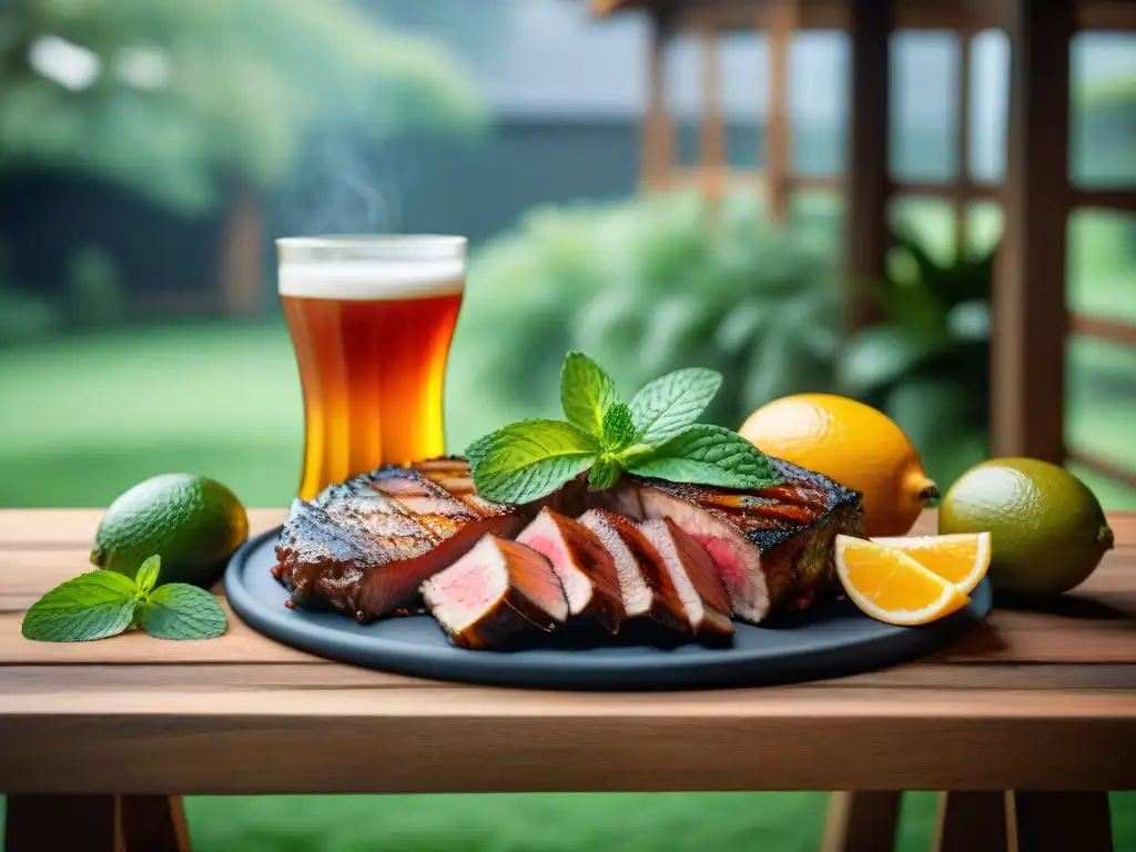 Una mesa rústica en un jardín, con bebidas refrescantes uruguayas y un asado al fondo en un día de verano