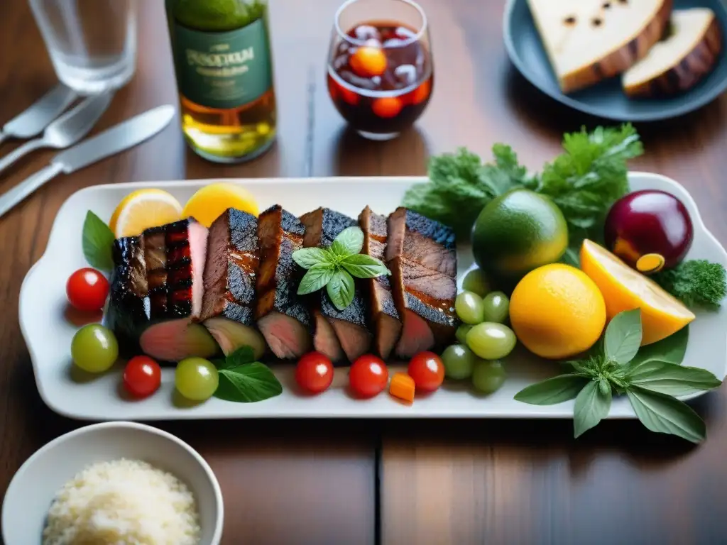 Una mesa rústica con bebidas uruguayas caseras y asado, maridaje perfecto