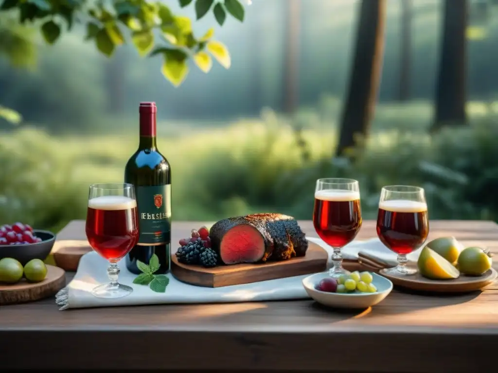 Mesa rústica en el bosque con copas y bebidas