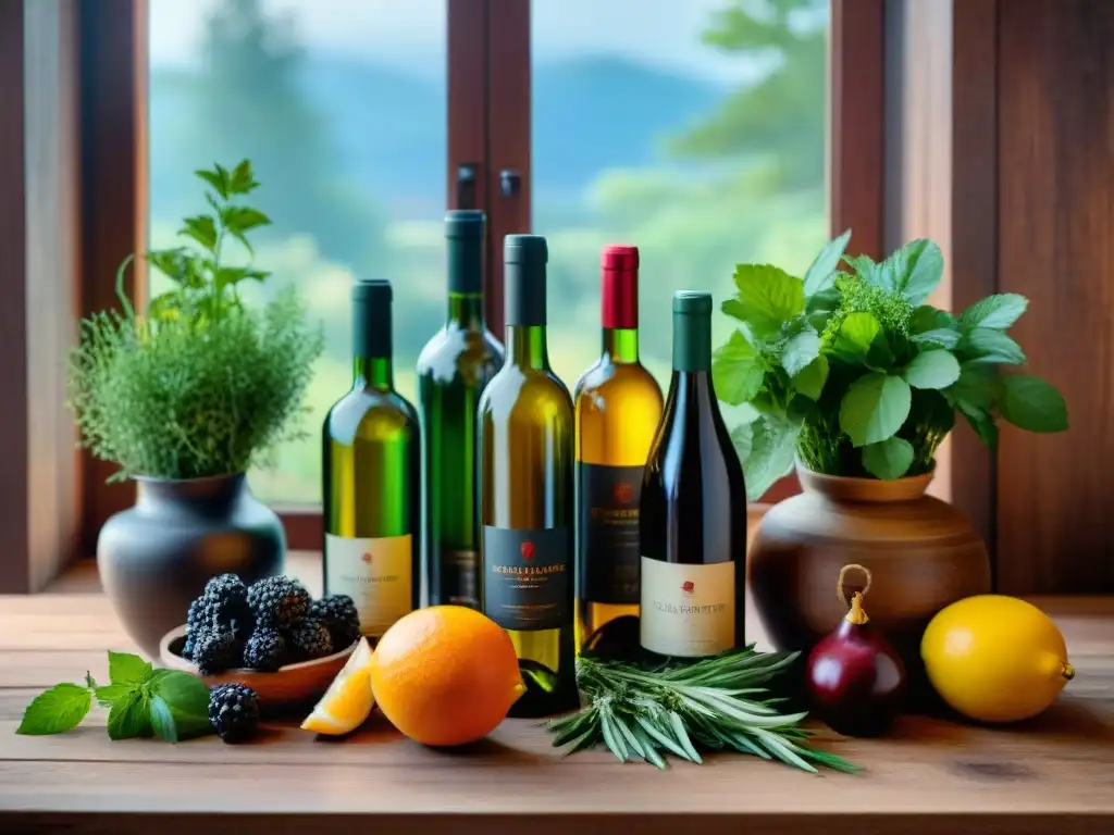 Una mesa rústica con botellas de vinos aromatizados caseros, hierbas frescas y frutas, bañada por la luz del sol