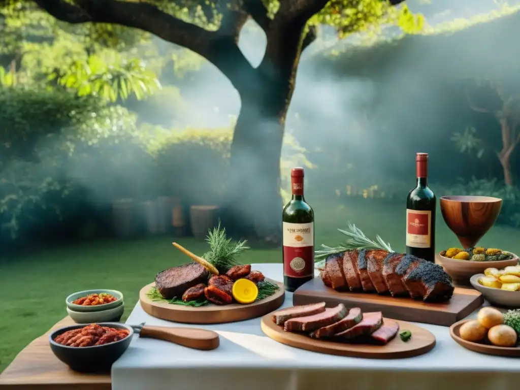 Una mesa rústica cargada de delicias del asado uruguayo, en un patio verde bajo el sol