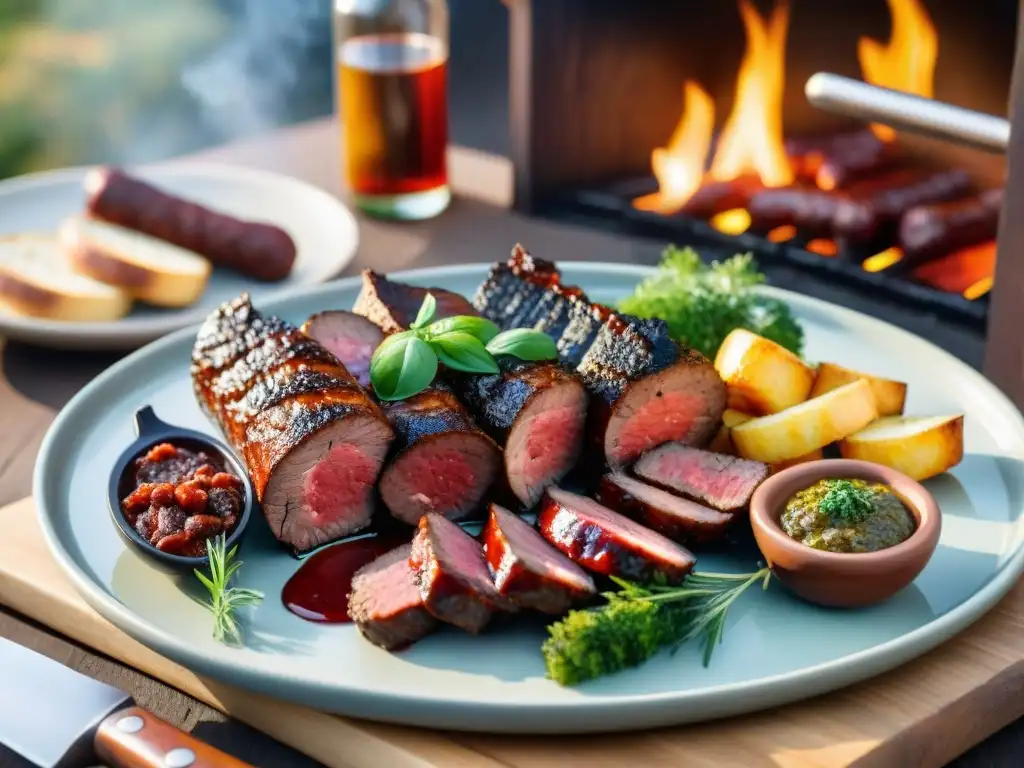 Una mesa rústica cargada de un exquisito asado uruguayo, bañada en cálida luz dorada