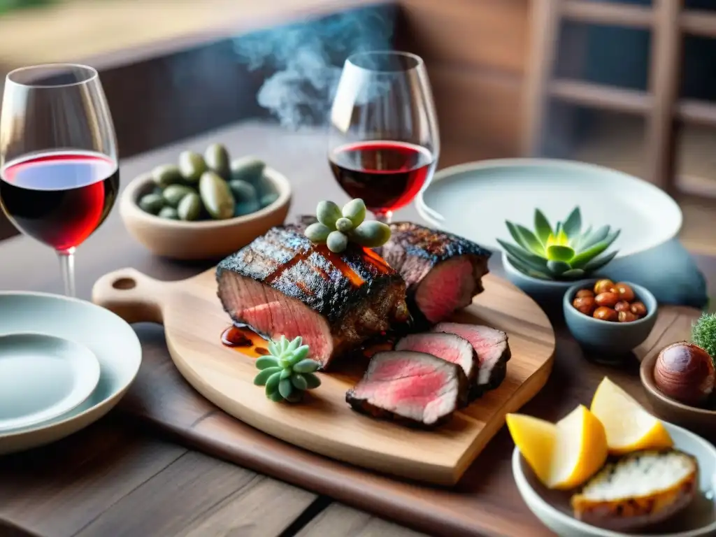 Una mesa rústica con carnes asadas y copas de vino, ideal para maridaje vino asado uruguayo principiantes