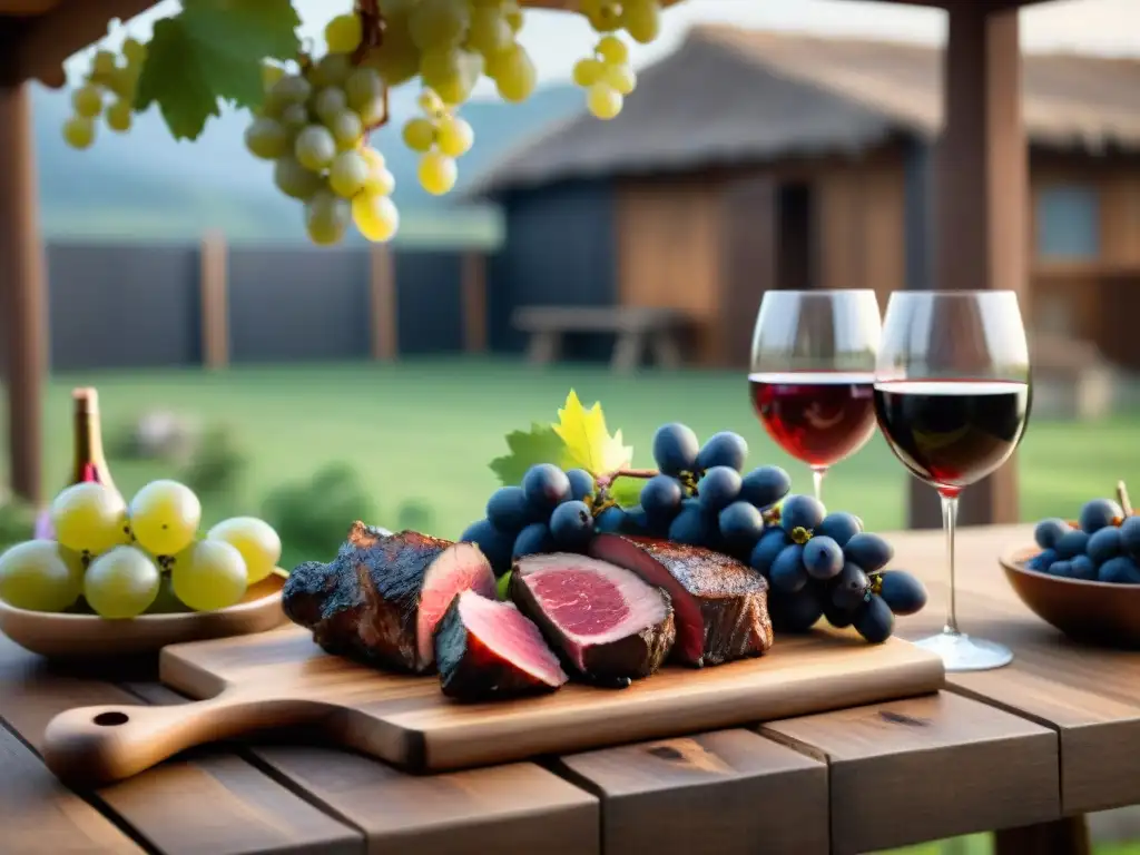 Una mesa rústica con copas de vino tinto y un asado uruguayo al fondo