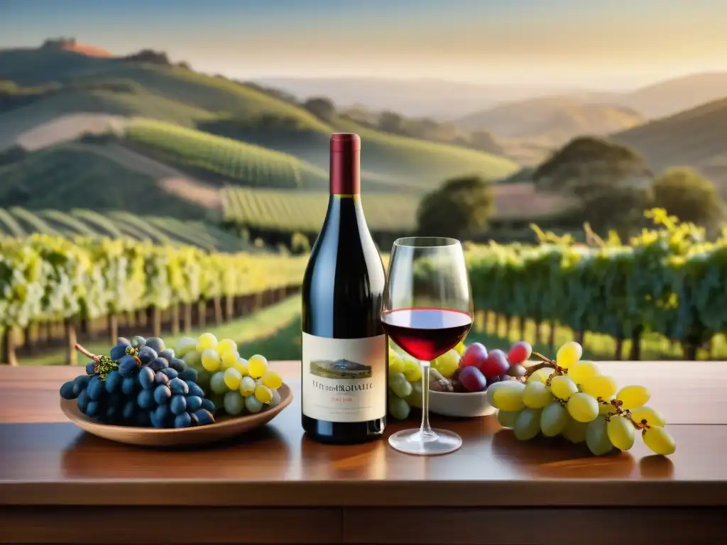 Una mesa rústica con copas de vino de distintos colores, en un viñedo al atardecer