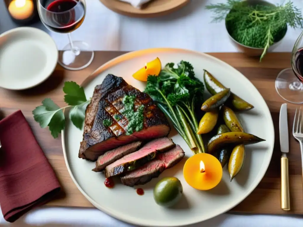 Una mesa rústica con cortes premium de carne asada, chimichurri y vinos variados