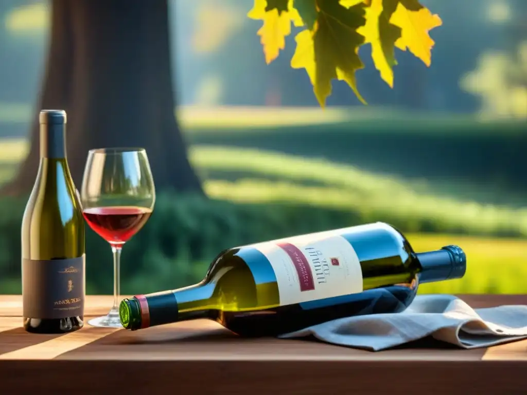 Una mesa rústica exquisitamente decorada con vinos de autor para asados, bañada por la luz del sol entre los árboles