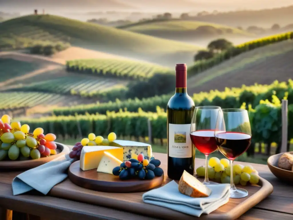 Una mesa rústica bellamente decorada con vinos naturales para asado uruguayo, rodeada de viñedos al atardecer dorado