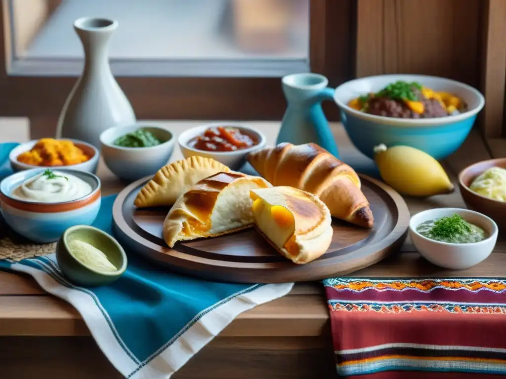 Una mesa rústica en Uruguay con delicias como asado, chivito y empanadas