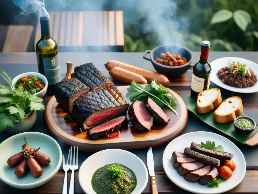 Una mesa rústica con delicias del asado uruguayo: costillas, chorizos, morcilla y mollejas, junto a chimichurri y vino Tannat