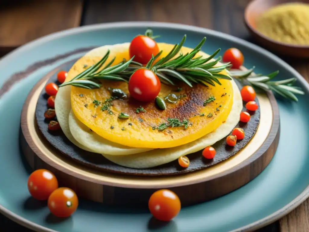 Una mesa rústica con una deliciosa farinata uruguaya, decorada con tomates y romero fresco