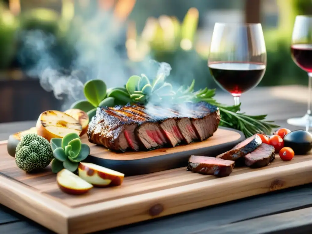 Una mesa rústica con deliciosas carnes asadas, ensaladas vibrantes, pan crujiente y vinos en copas, todo bajo la cálida luz del sol