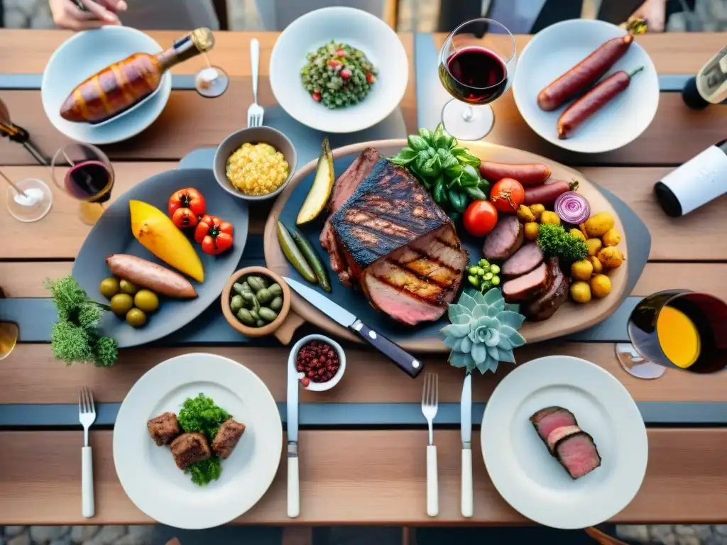 Mesa rústica con deliciosos asados y maridaje vinos experto al atardecer