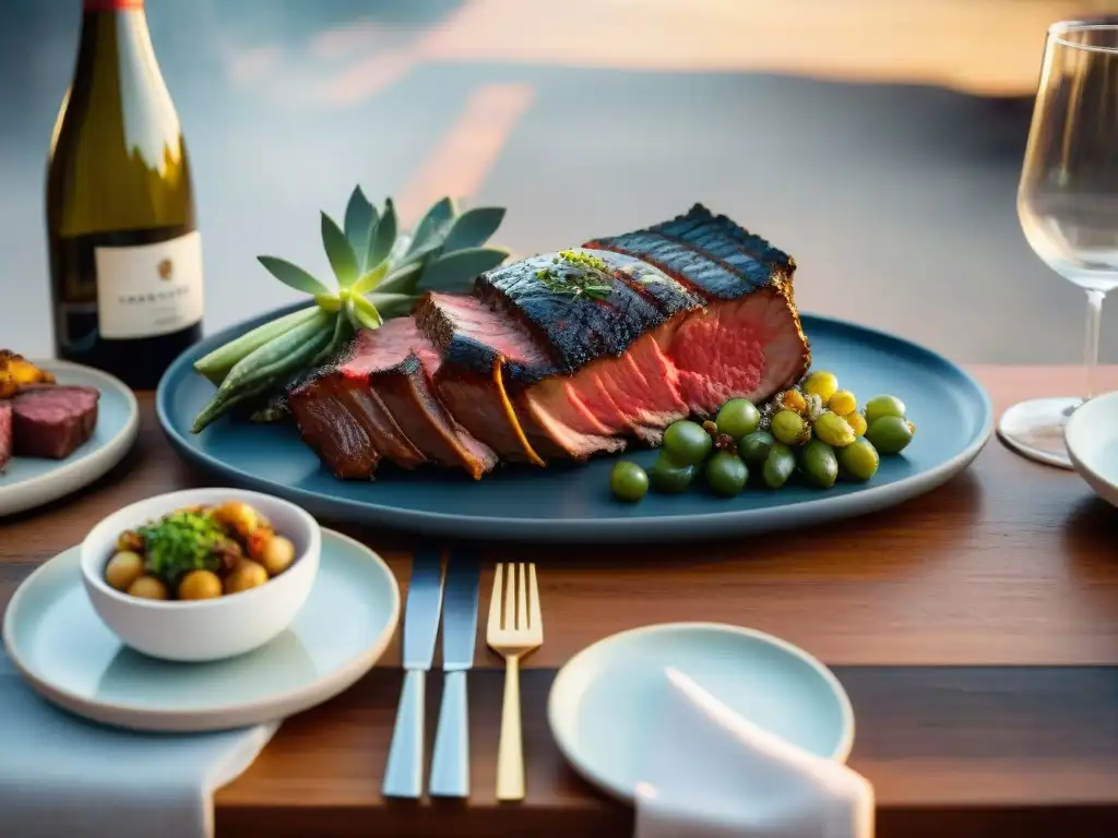 Una mesa rústica elegante con un asado uruguayo y vinos uruguayos maridaje asado, bañada en cálida luz solar