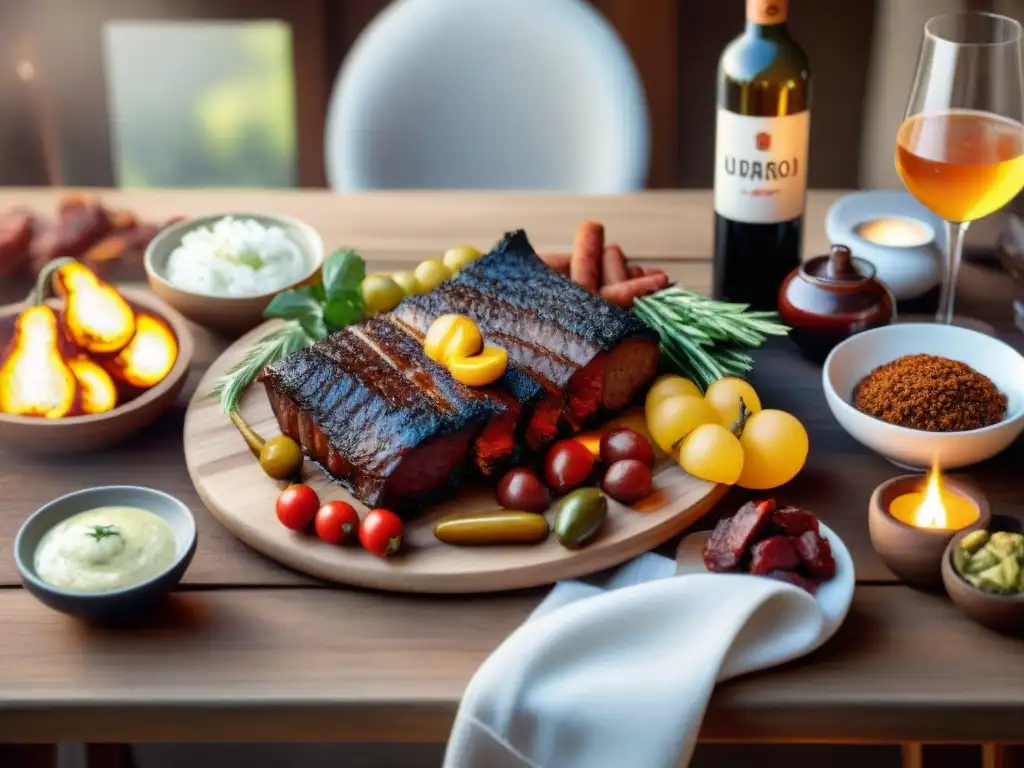 Una mesa rústica con exquisito asado uruguayo y bebidas para maridar, bañada en cálida luz solar