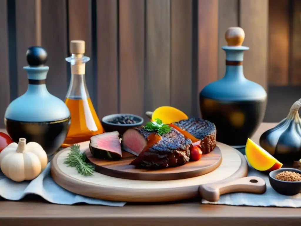 Una mesa rústica con exquisitos platos de asado uruguayo y licores artesanales, capturando el espíritu del maridaje