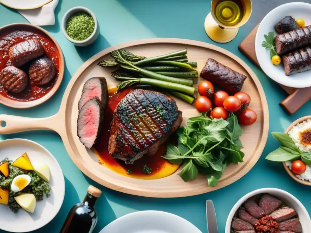 Una mesa rústica con exquisitos platos del asado uruguayo en un entorno campestre