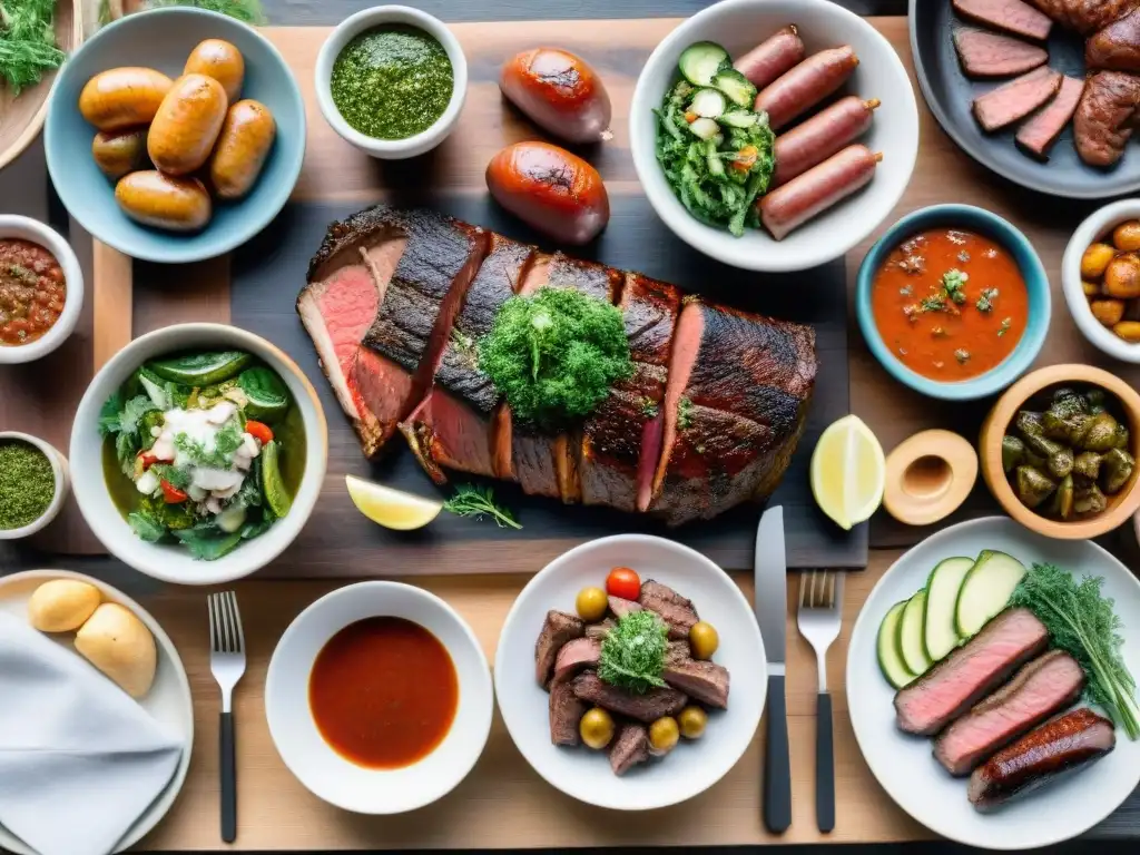 Una mesa rústica con un festín de asado uruguayo y sabores únicos del asado uruguayo en el Río Negro