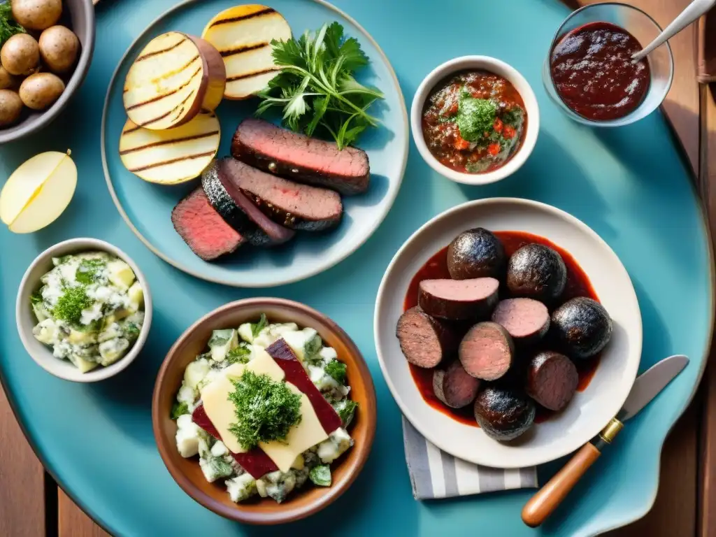 Una mesa rústica con guarniciones tradicionales para asado uruguayo y un cálido atardecer