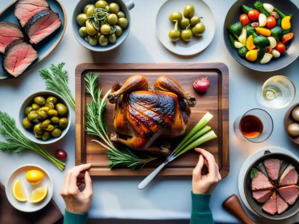 Una mesa rústica con hidromieles caseras para maridar asado, carnes a la parrilla y vegetales, creando un ambiente cálido y convivial