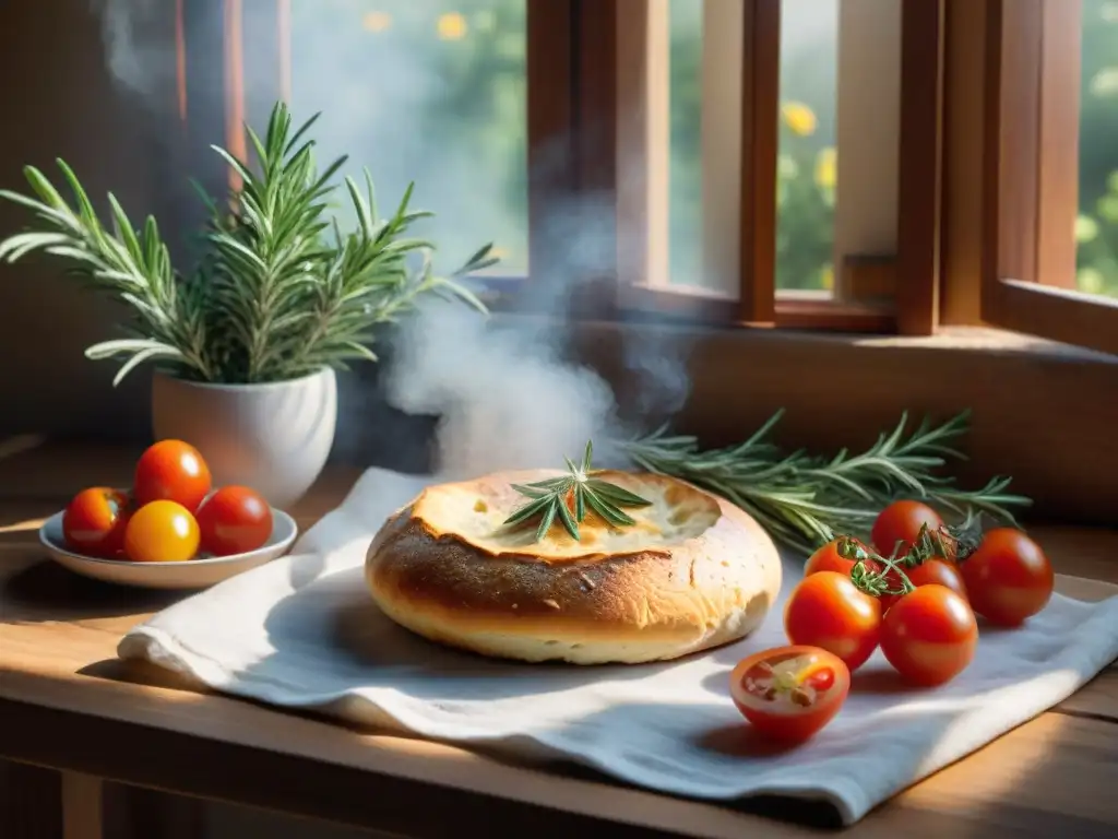 Una mesa rústica con ingredientes para hacer focaccia casera para asado uruguayo, bañados por luz cálida