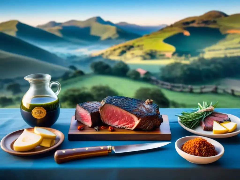 Mesa rústica con ingredientes y herramientas del asado uruguayo, en un escenario campestre