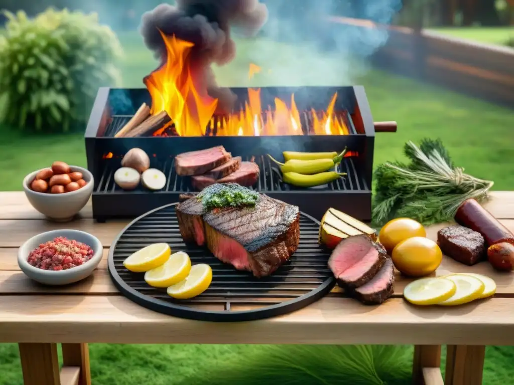 Una mesa rústica con ingredientes y herramientas de asado uruguayo tradicional en un patio verde, evocando nostalgia de la infancia