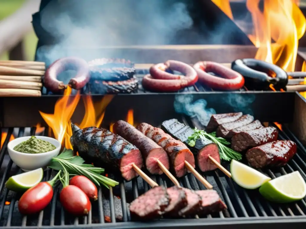 Una mesa rústica con ingredientes locales para asado uruguayo bajo la cálida luz del sol