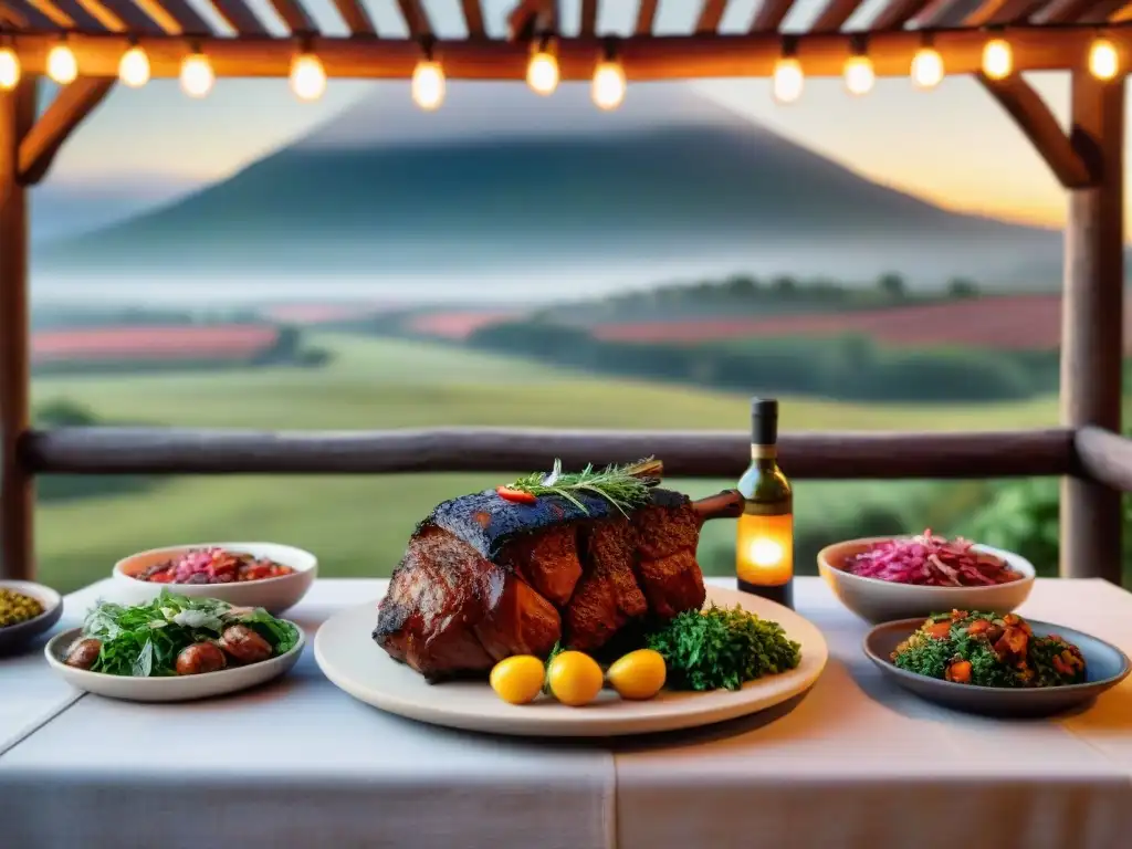 Una mesa rústica lista para un asado uruguayo con tradición y modernidad: parrilla de barro, carne, chimichurri, vino Tannat y luces al atardecer