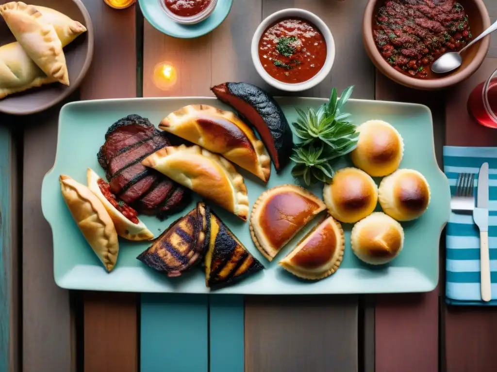 Una mesa rústica lista para un asado uruguayo tradicional, destacando los secretos del asado uruguayo familiar