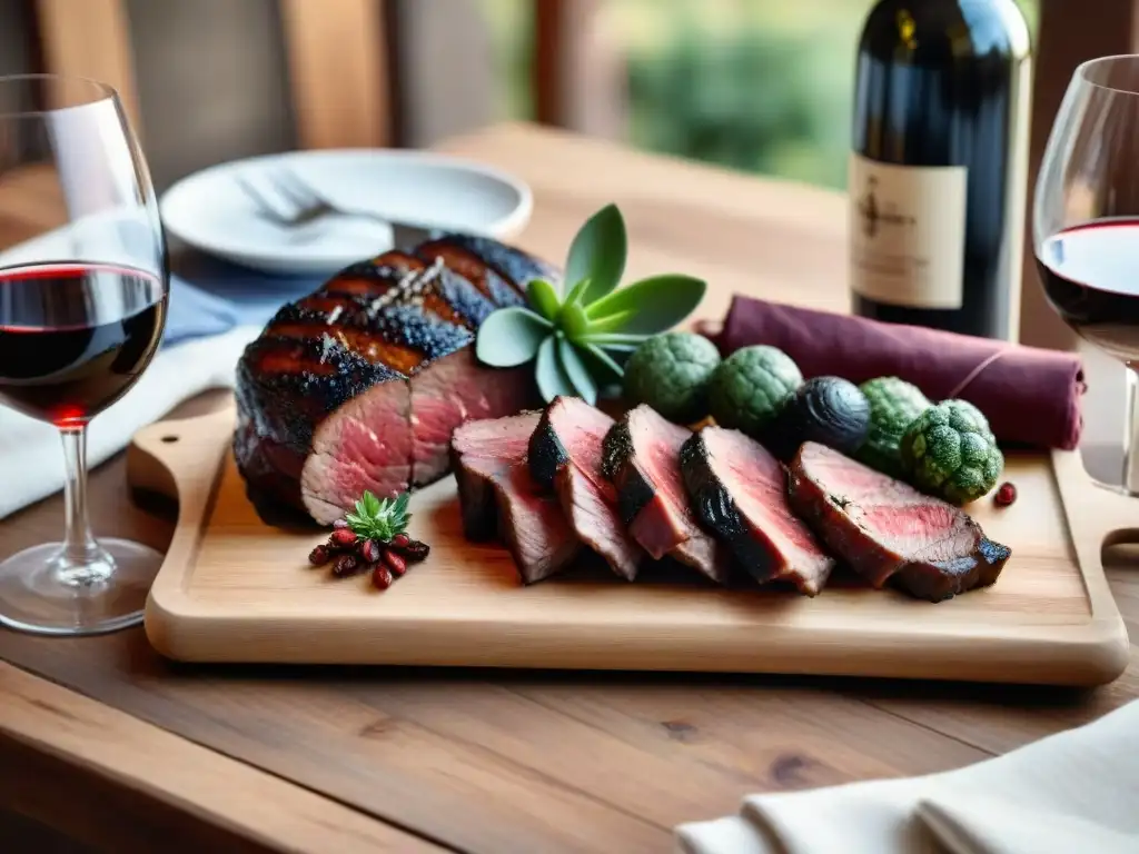 Una mesa rústica lista para un asado uruguayo con maridaje de vinos