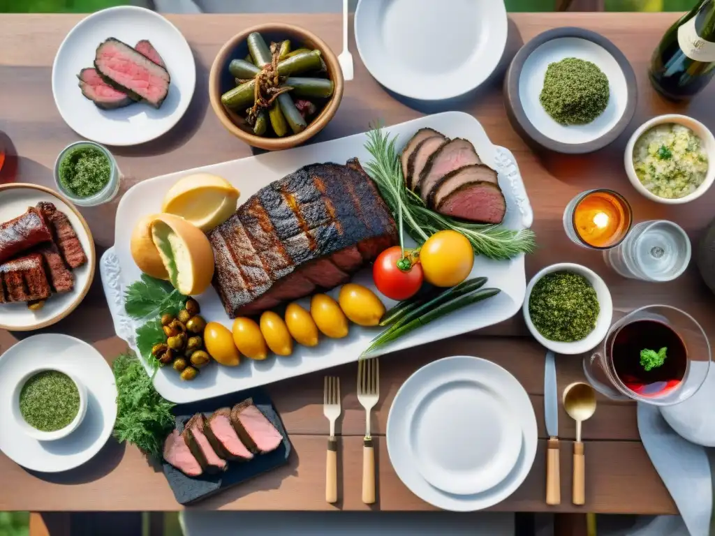 Una mesa rústica lista para un asado uruguayo, con churrasco, morcilla, chimichurri y vinos, en un entorno cálido y natural