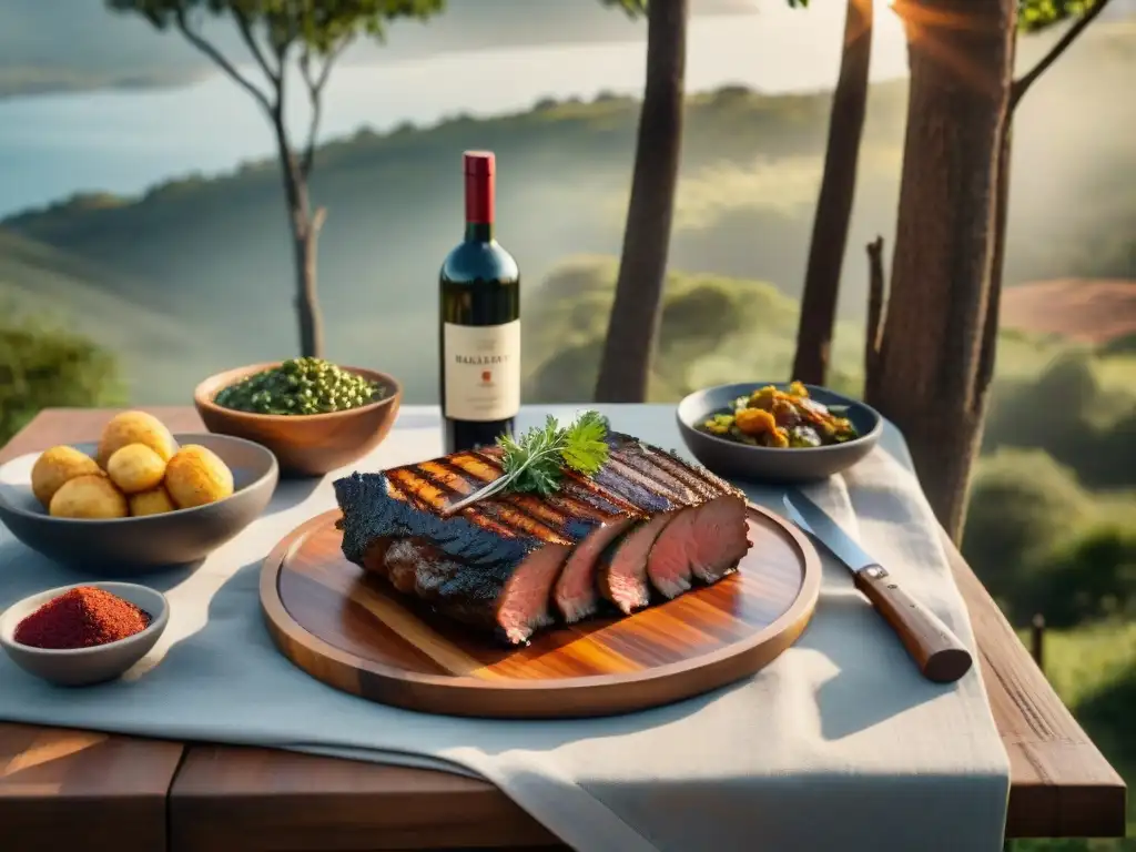 Una mesa rústica lista para un asado uruguayo con maridaje de vino, carnes a la parrilla y chimichurri