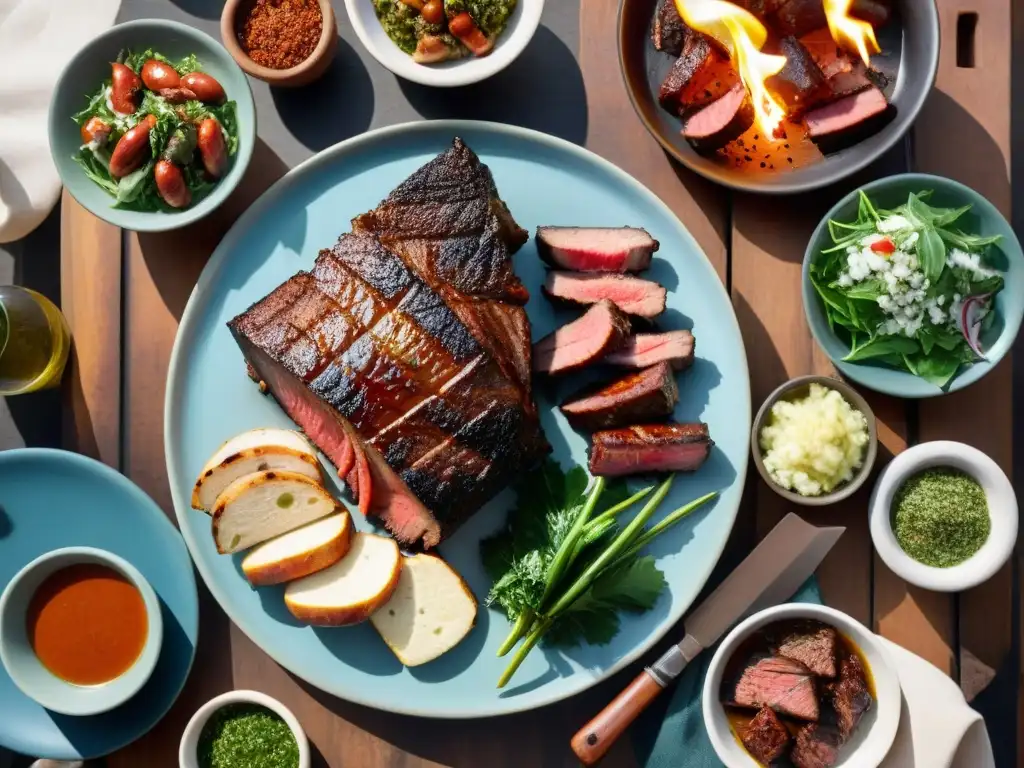 Una mesa rústica llena de cortes de asado uruguayo expertamente cocinados al fuego, rodeados de chimichurri y ensaladas vibrantes bajo el cálido sol