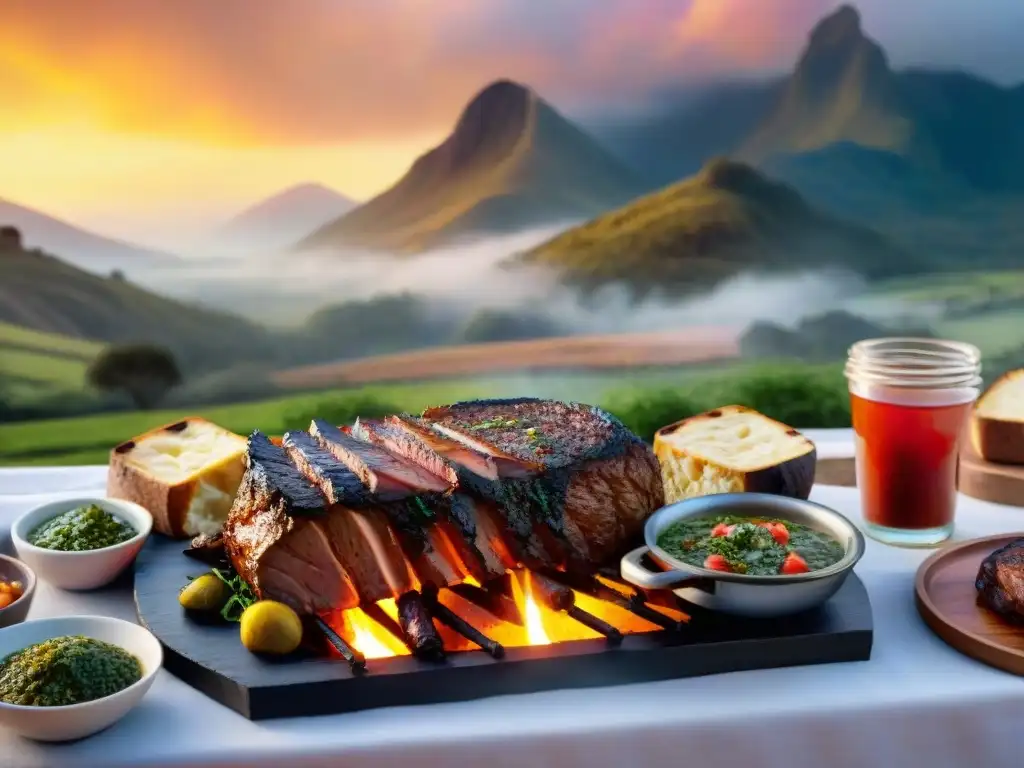 Una mesa rústica llena de exquisitos cortes de asado uruguayo tradicional, con chimichurri y vegetales a la parrilla