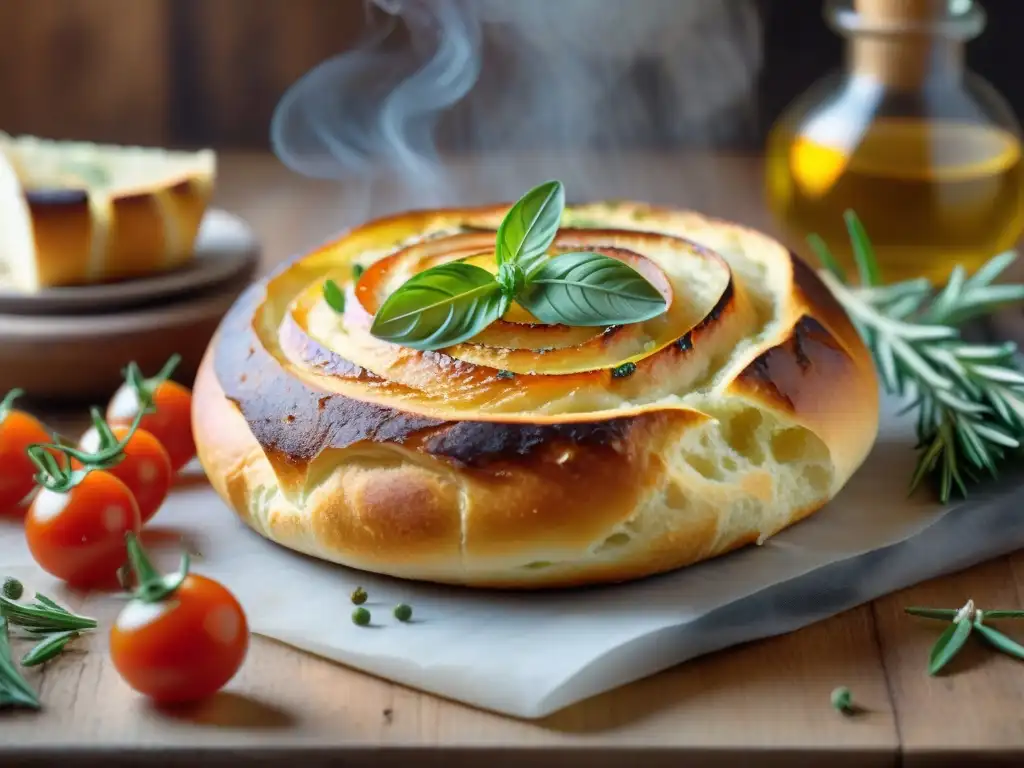 Una mesa rústica llena de focaccias recién horneadas, perfectas para un asado uruguayo