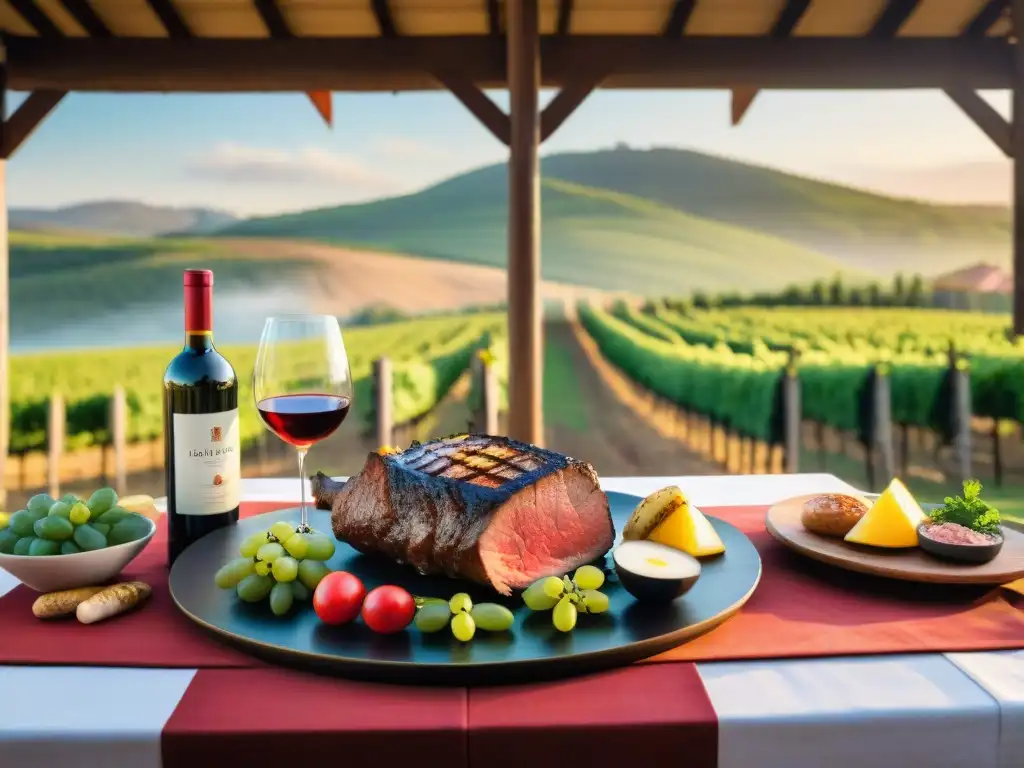 Una mesa rústica de madera adornada con un asado uruguayo y vinos, envuelta en tradición y calidez