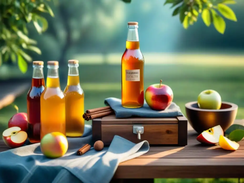 Una mesa rústica de madera al aire libre para un asado, con sidras caseras y frescas frutas, bajo la cálida luz del sol