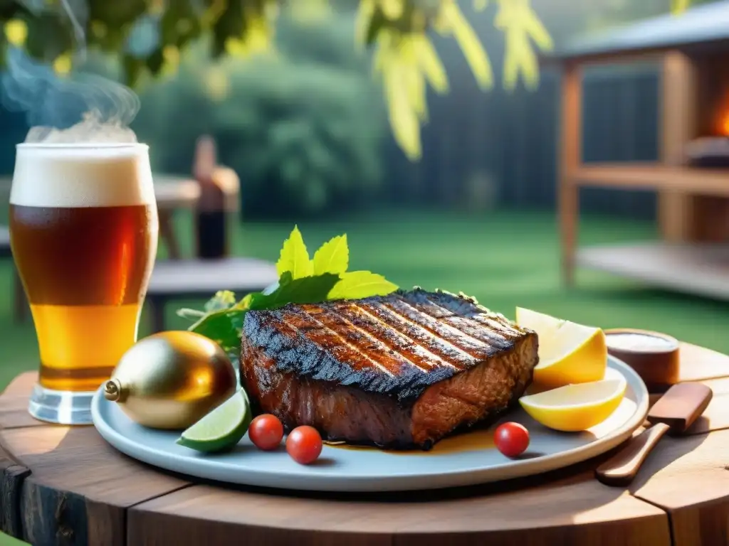 Una mesa rústica de madera en un asado uruguayo con cervezas artesanales uruguayas, bañada por la cálida luz del sol